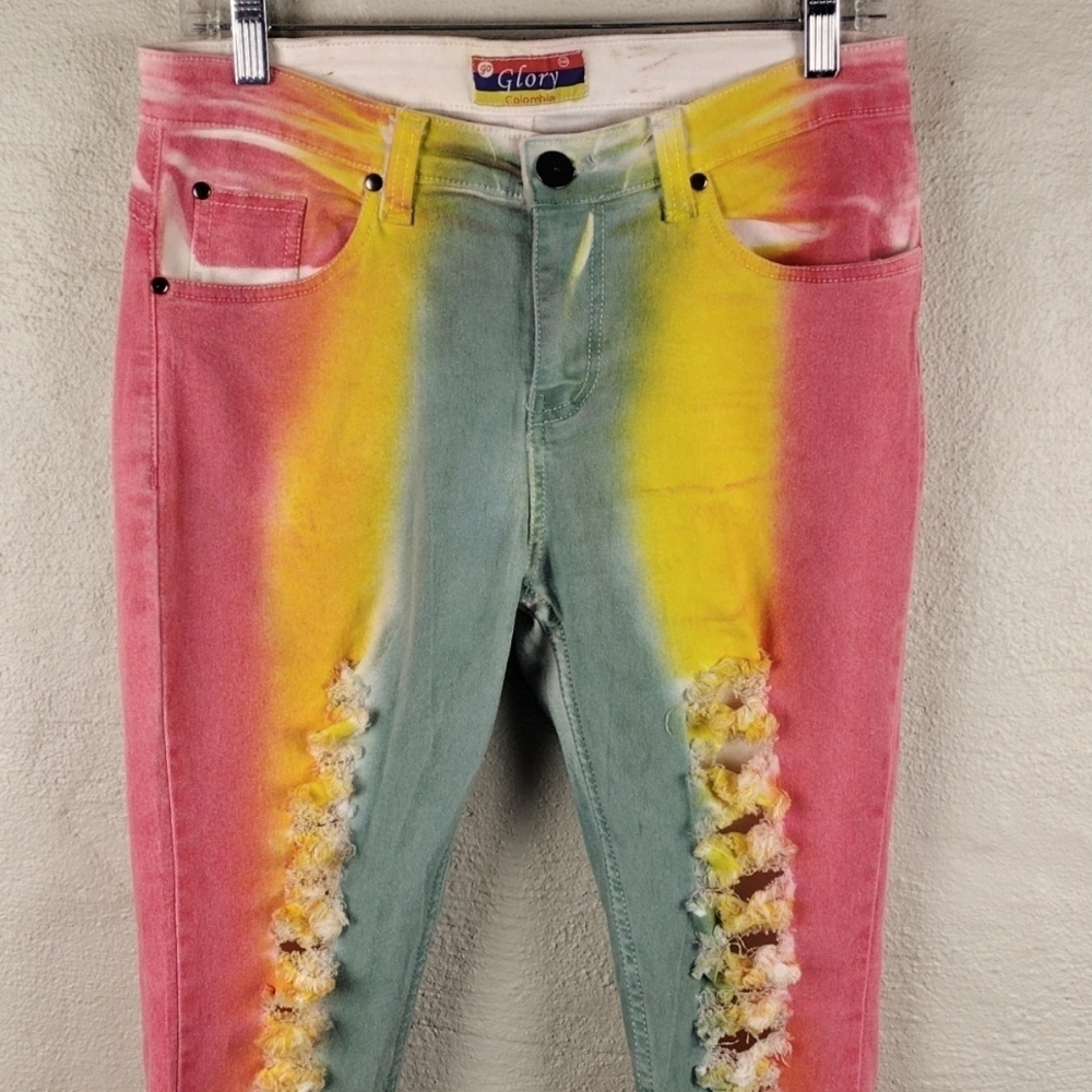 Go Glory Pink Yellow Tie-Dye Mid Rise Button Zip Ripped Skinny Colored Jeans - Picture 2 of 16